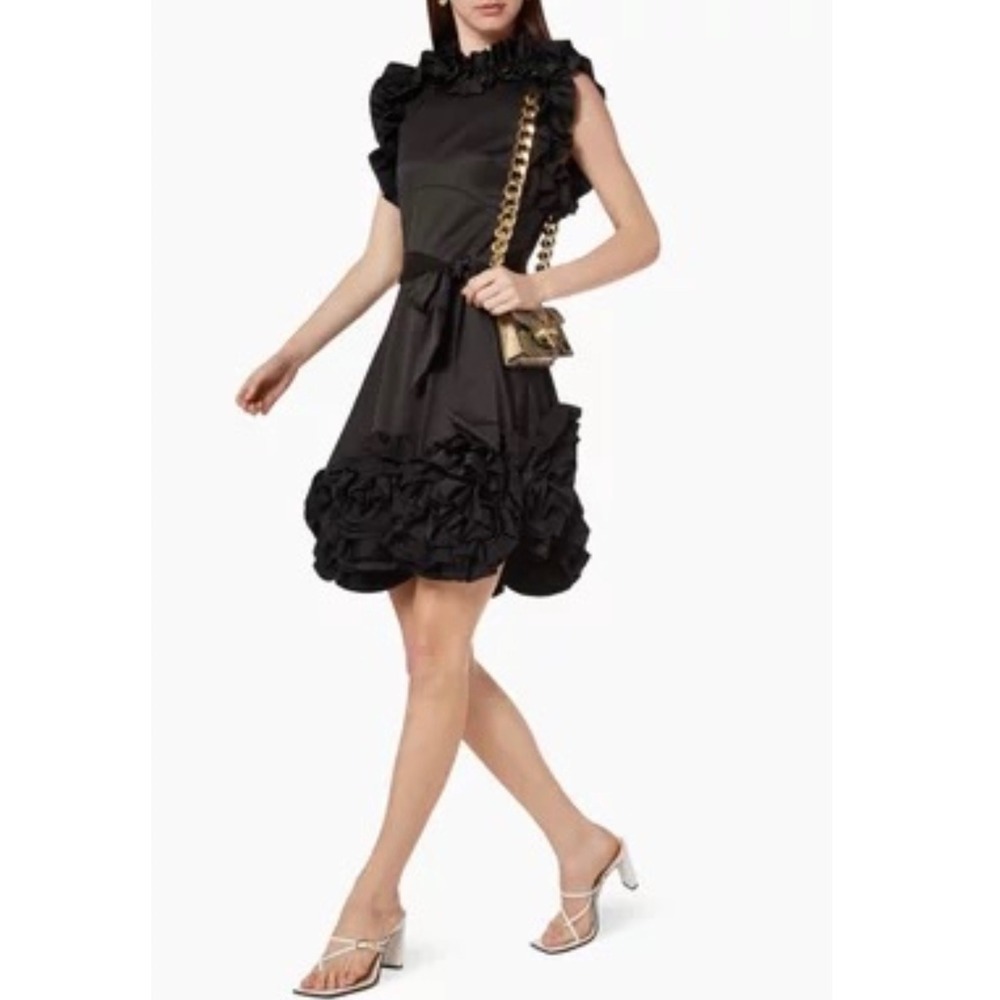 NEW Elliatt Reishi Frill Dress Black Satin Floral Belted Tie Mini Dress Small